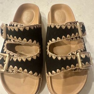 Chelsea & Violet Black Suede Double-Buckle Embroidered Slide Mules